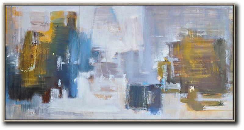 Panoramic Abstract Landscape Painting,Hand Painted Original Art,Yellow,Blue,White,Grey